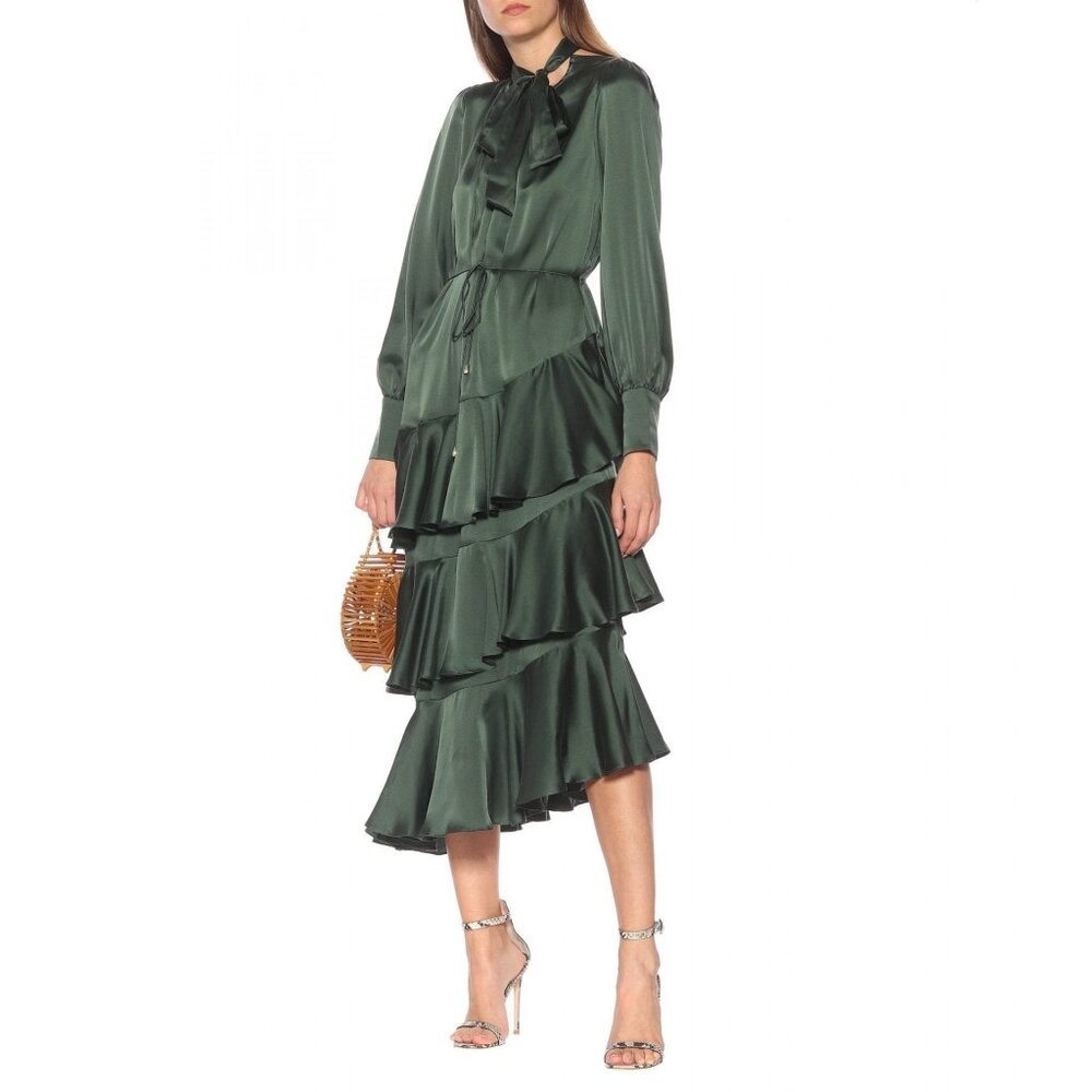 Zimmermann "Espionage" Tiered Satin Dress in Green, size "1" (Small)